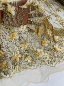 3D Glitter Floral Design Fabric - Champagne - Floral Line Design Embroidered Sequins Fabric by Yard