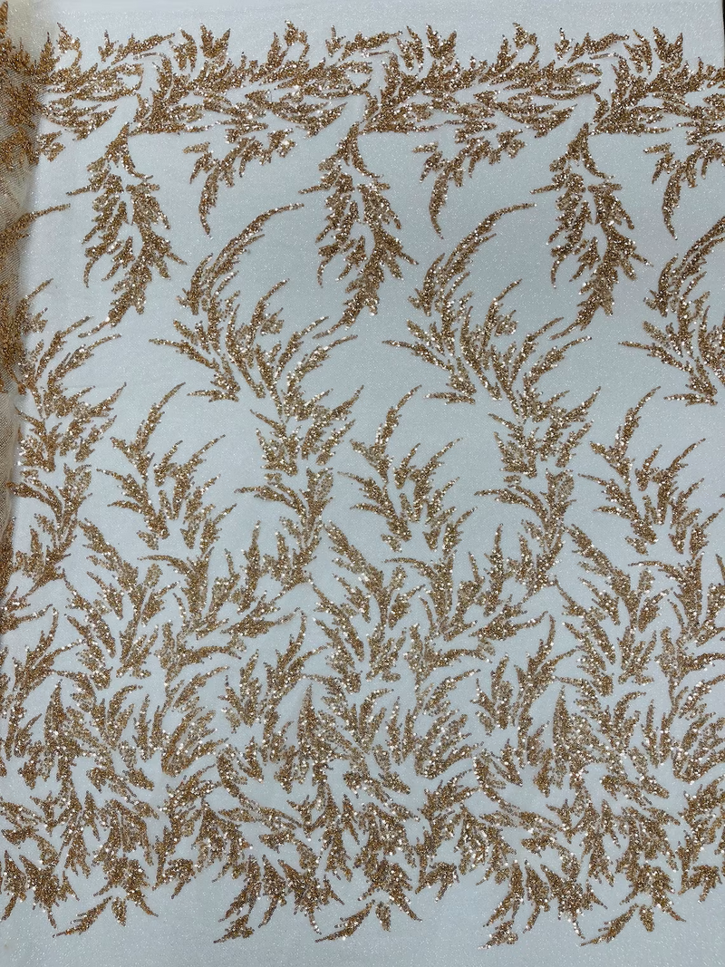 Leaf Plant Glitter Design Fabric - Champagne - Beaded Embroidered Leaves Design on Mesh By Yard