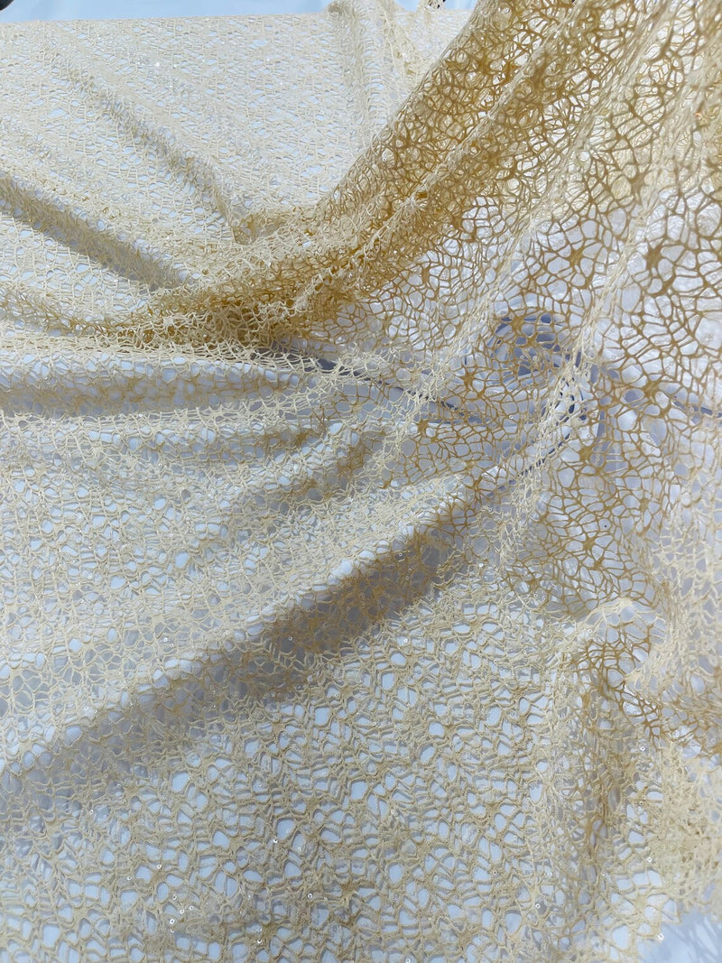 Cast Net Sequins Fabric - Champagne - Embroidery Fish Net Design Sequins Lace Fabric By Yard