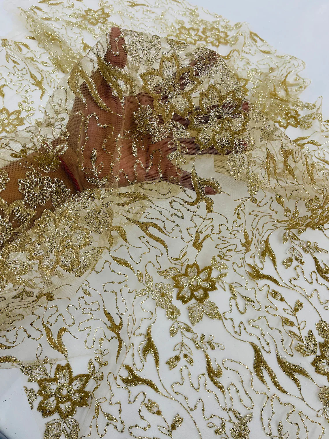 Flower Glitter Fabric - Champagne - 3D Floral Tulle Fabric for Wedding, Quinceañera By Yard