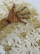 Flower Glitter Fabric - Champagne - 3D Floral Tulle Fabric for Wedding, Quinceañera By Yard