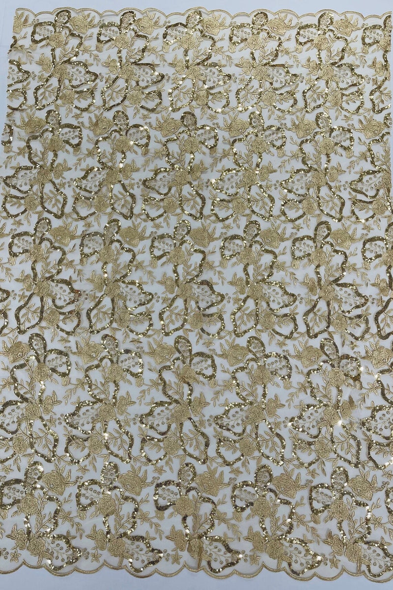 Small Flower Sequins Lace Fabric - Champagne - Embroidered Floral Pattern Fabric with Sequins on Lace By Yard