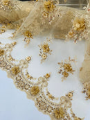 3D Floral Pearl Design - Champagne - Floral Embroidered Pearls and Sequins Fabric By Yard