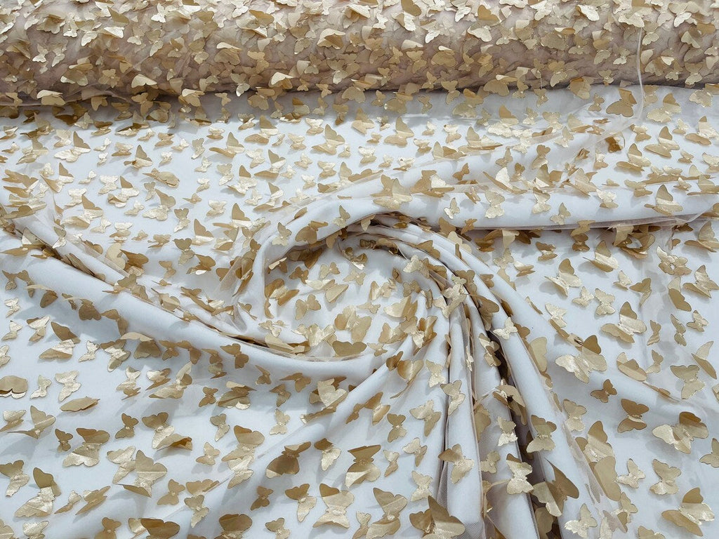 3D Butterfly Design Lace - Champagne - Embroidered Lace with 3D Butterfly Design By Yard