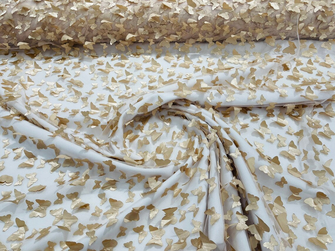 3D Butterfly Design Lace - Champagne - Embroidered Lace with 3D Butterfly Design By Yard