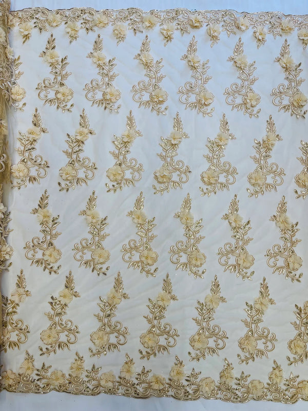 3D Flower Cluster Fabric - Champagne - 3D Flower Leaf Design Fabric with Pearls Sold By Yard