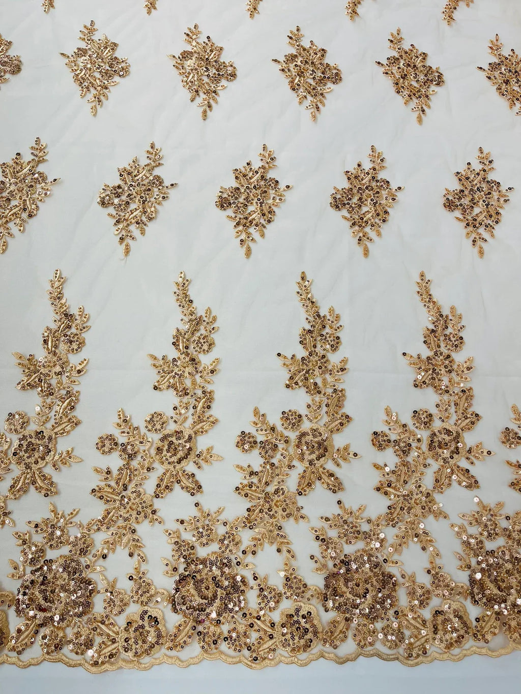 Beaded Rose Flower Fabric - Champagne - Embroidered Beaded Long Border Floral Fabric By Yard