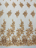 Beaded Rose Flower Fabric - Champagne - Embroidered Beaded Long Border Floral Fabric By Yard