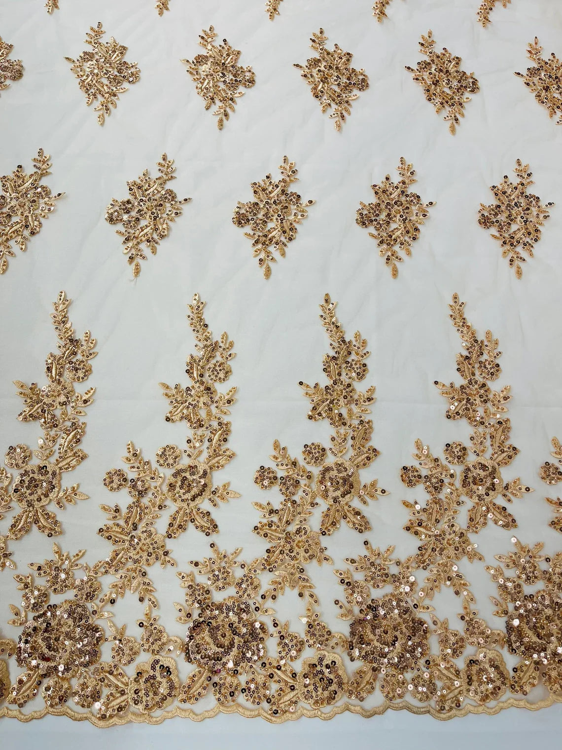 Beaded Rose Flower Fabric - Champagne - Embroidered Beaded Long Border Floral Fabric By Yard