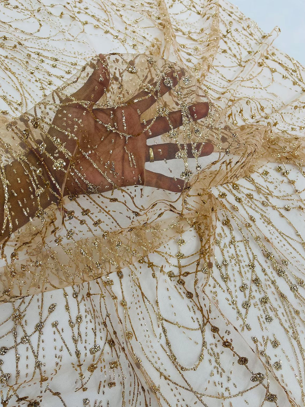 Tulle Glitter Fancy Line Fabric - Champagne - Tulle Fabric with Sparkle Glitter Design Sold By Yard