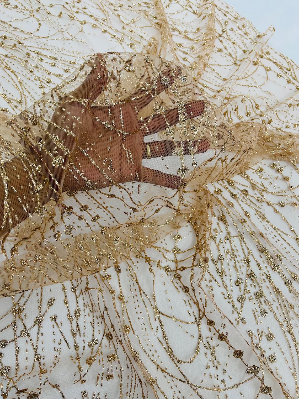 Tulle Glitter Fancy Line Fabric - Champagne - Tulle Fabric with Sparkle Glitter Design Sold By Yard