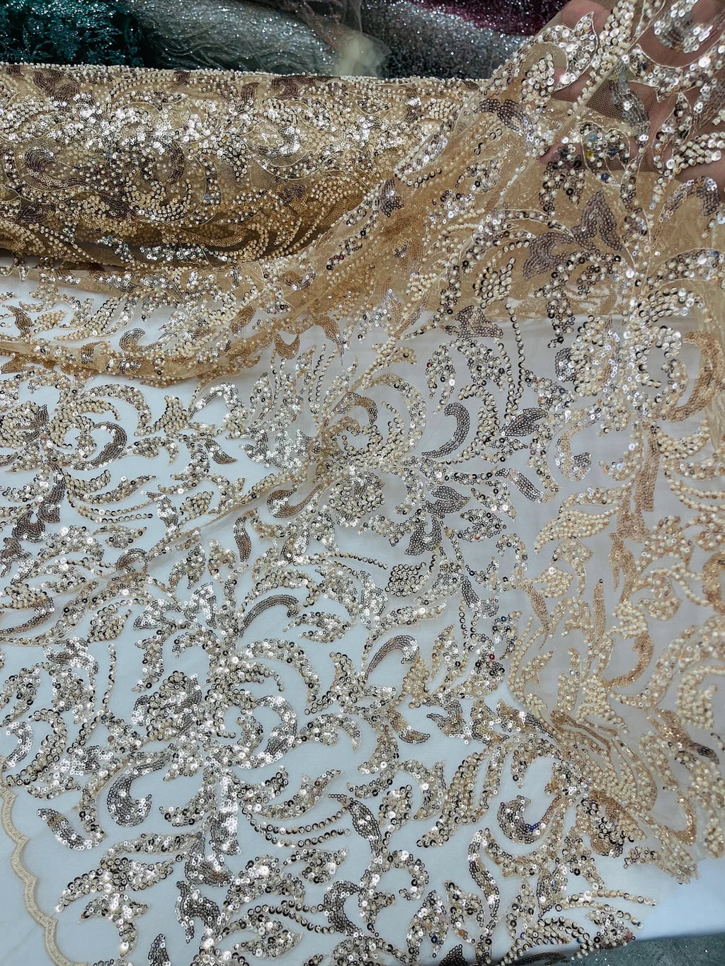 Beaded Flower Leaf Fabric - Champagne - Shiny Beads and Sequins in Flower Design on Lace by Yard