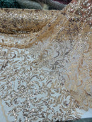 Beaded Flower Leaf Fabric - Champagne - Shiny Beads and Sequins in Flower Design on Lace by Yard