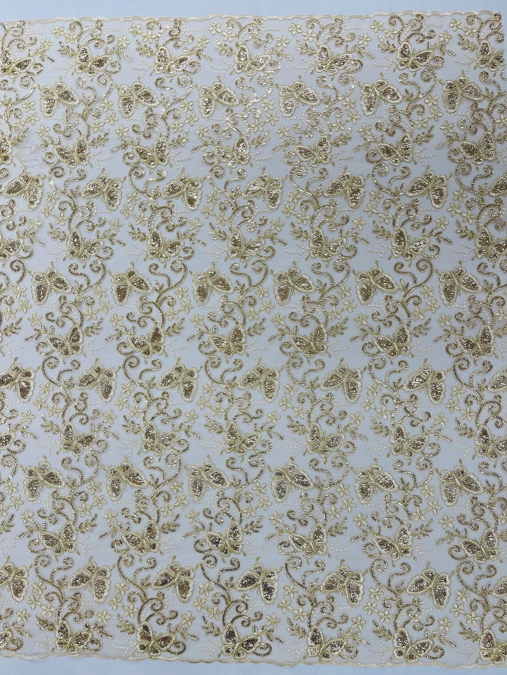 Butterfly Sequins Fabric - Champagne - Metallic Floral Butterfly Design on Lace Fabric By Yard