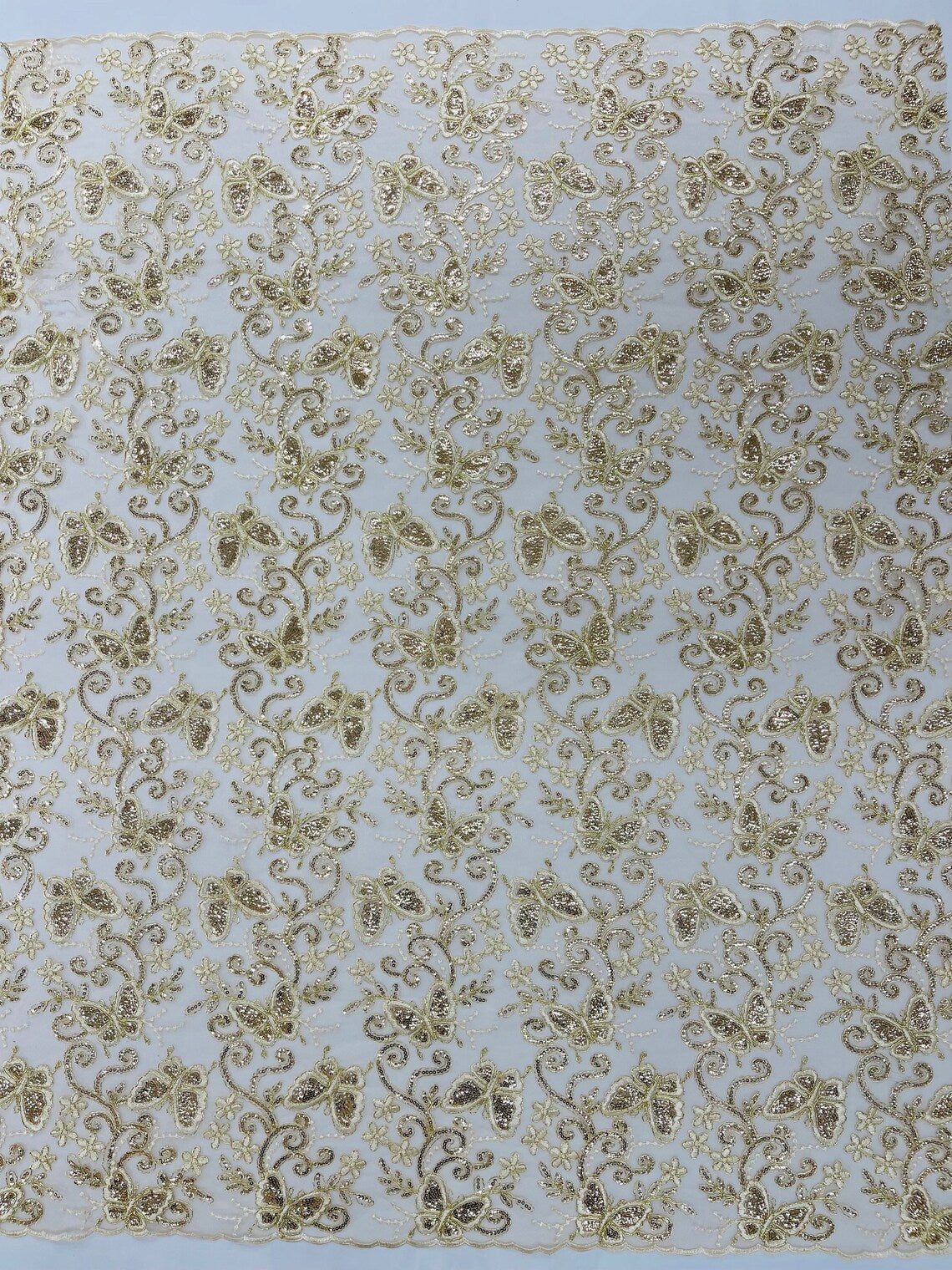 Butterfly Sequins Fabric - Champagne - Metallic Floral Butterfly Design on Lace Fabric By Yard