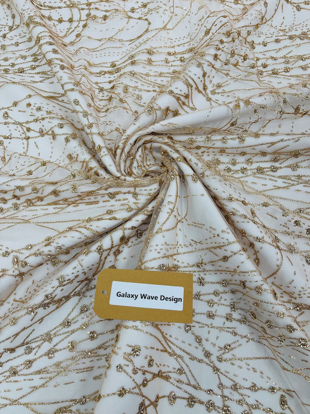 Tulle Glitter Fancy Line Fabric - Champagne - Tulle Fabric with Sparkle Glitter Design Sold By Yard