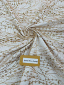 Tulle Glitter Fancy Line Fabric - Champagne - Tulle Fabric with Sparkle Glitter Design Sold By Yard