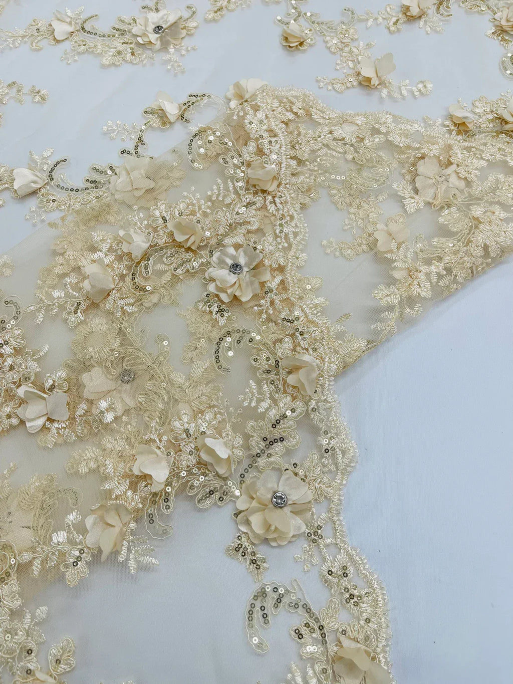 3D Lace Flower Fabric - Champagne - Embroidered Sequins and 3D Floral Patterns on Lace By Yard