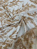 Leaf Plant Glitter Design Fabric - Champagne - Beaded Embroidered Leaves Design on Mesh By Yard