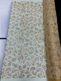Beaded Swirl Design Fabric - Champagne - Swirl Design with Beads and Sequins on Lace by Yard