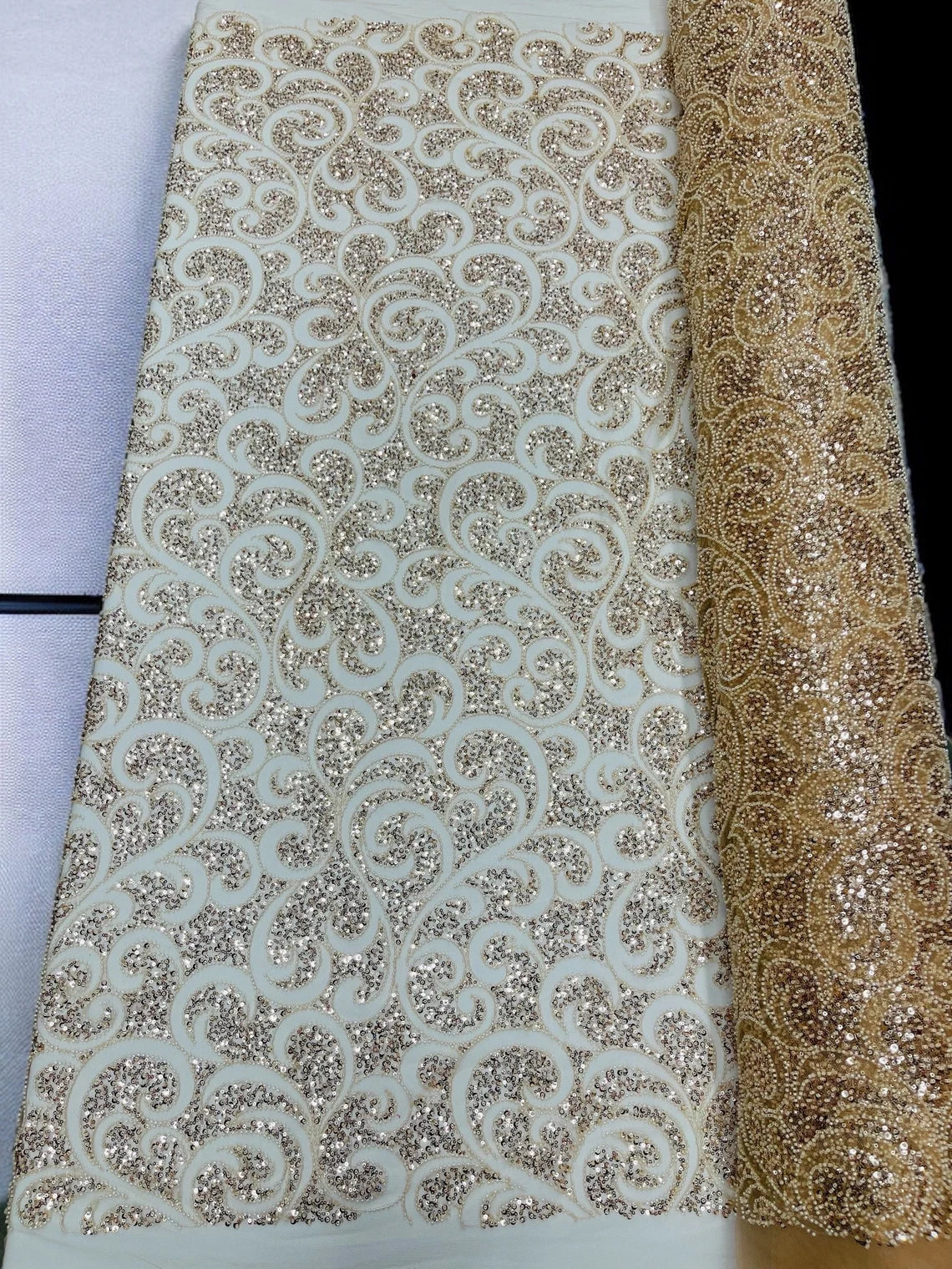 Beaded Swirl Design Fabric - Champagne - Swirl Design with Beads and Sequins on Lace by Yard