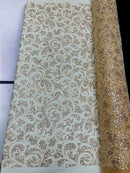 Beaded Swirl Design Fabric - Champagne - Swirl Design with Beads and Sequins on Lace by Yard
