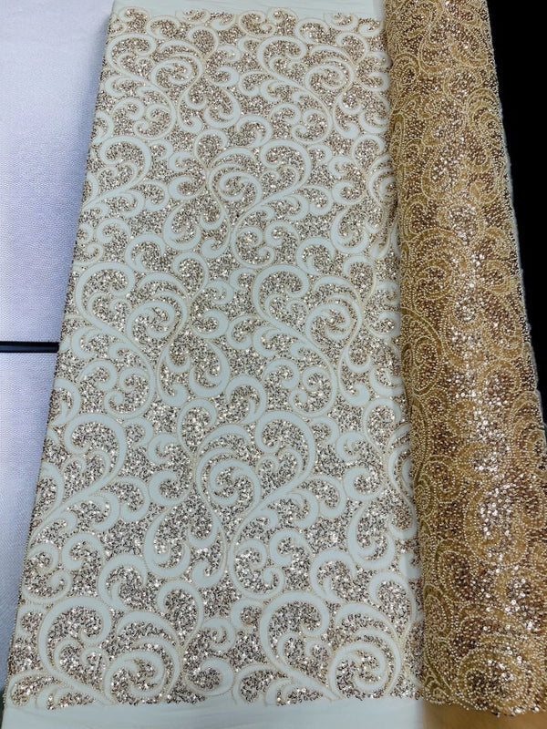 Beaded Swirl Design Fabric - Champagne - Swirl Design with Beads and Sequins on Lace by Yard