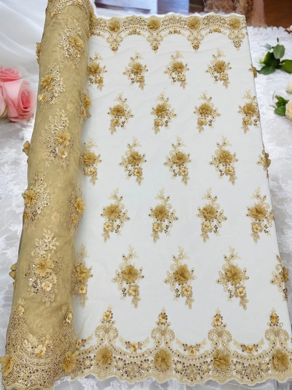 3D Floral Pearl Design - Champagne - Floral Embroidered Pearls and Sequins Fabric By Yard