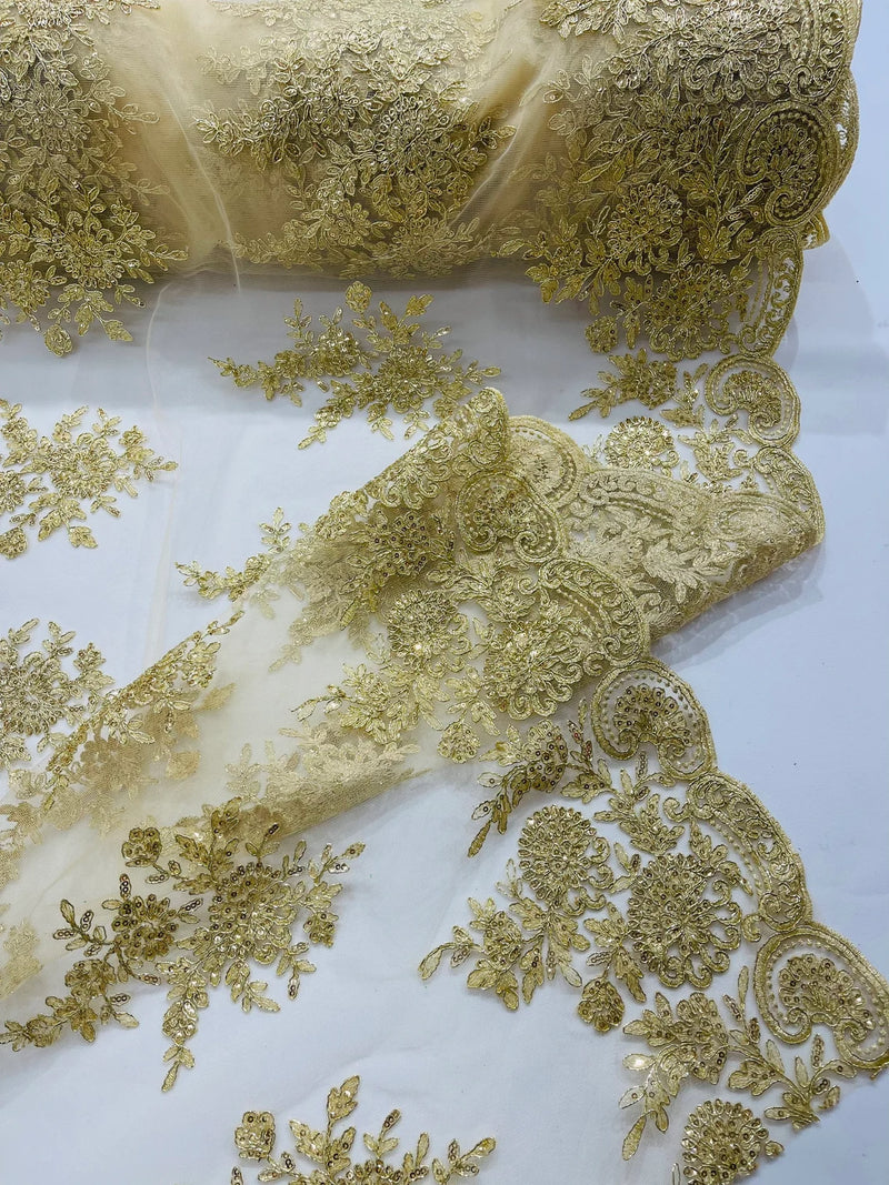 Floral Lace Flower Fabric - Champagne - Floral Embroidered Fabric with Sequins on Lace By Yard