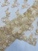 3D Flower Cluster Fabric - Champagne - 3D Flower Leaf Design Fabric with Pearls Sold By Yard