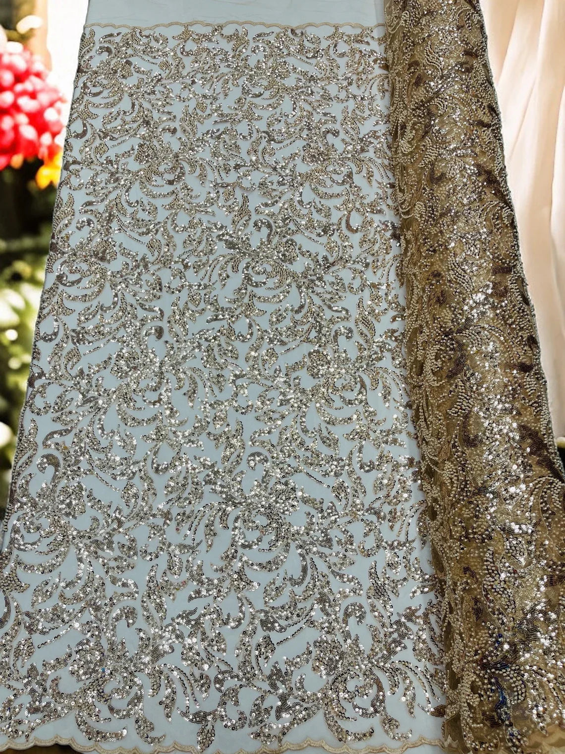 Beaded Flower Leaf Fabric - Champagne - Shiny Beads and Sequins in Flower Design on Lace by Yard