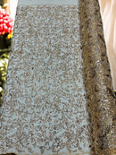 Beaded Flower Leaf Fabric - Champagne - Shiny Beads and Sequins in Flower Design on Lace by Yard