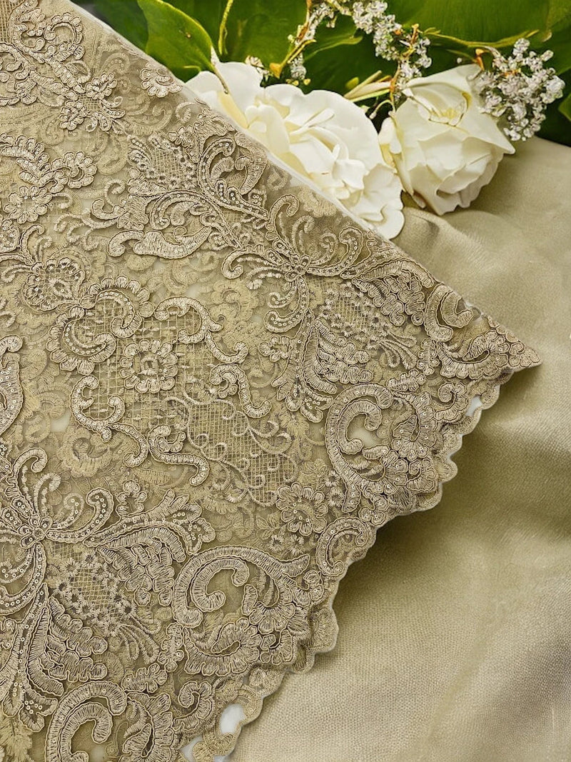King Lace Pattern Fabric - Champagne - Embroidered Sequins on Lace Mesh Fabric By Yard     4231