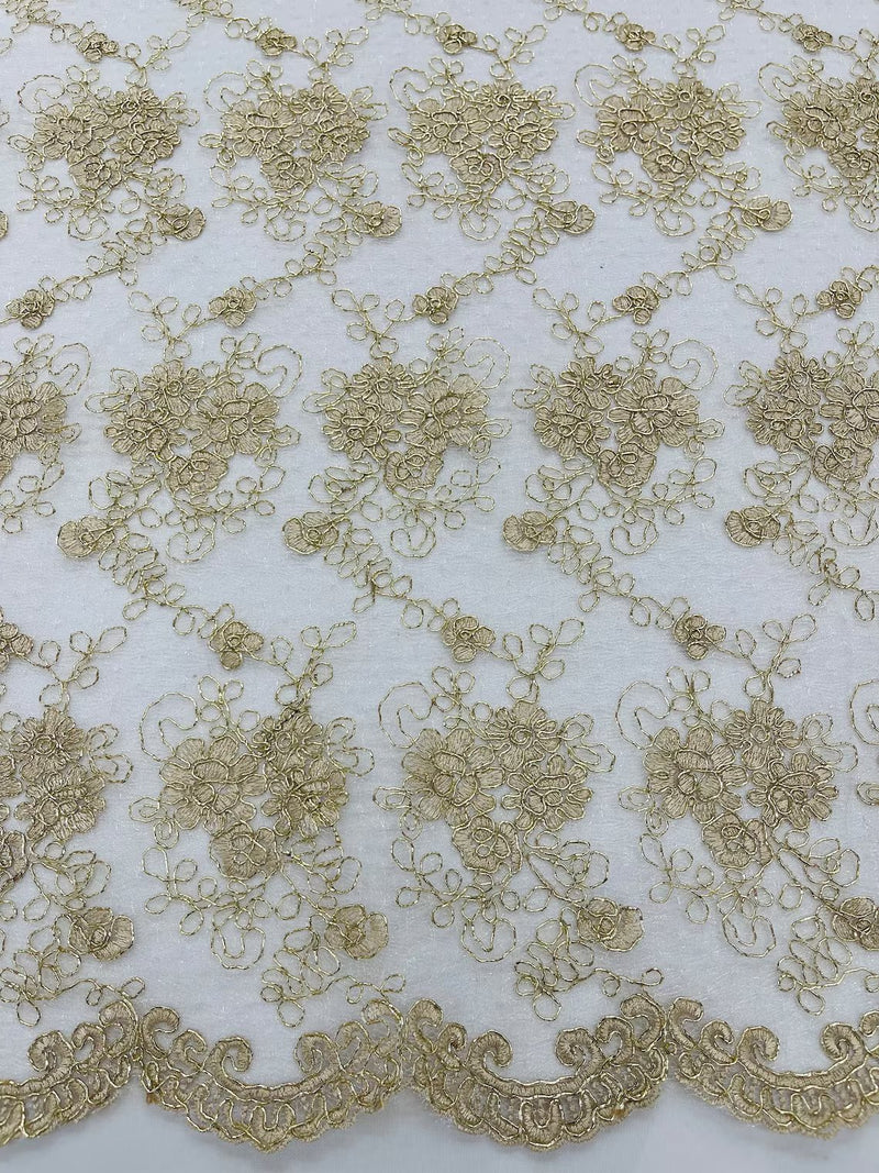 Embroidered Flower Fabric - Champagne - Floral Design Scalloped Border Fabric By Yard