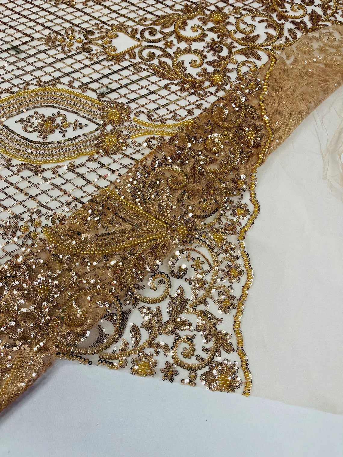 Bead Fashion Damask Fabric - Champagne - Beaded Sequins Geometric Design on Mesh Sold By Yard