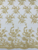 Embroidered Corded Lace Fabric - Champagne - Cluster Fancy Flower Embroidered Lace Fabric By Yard