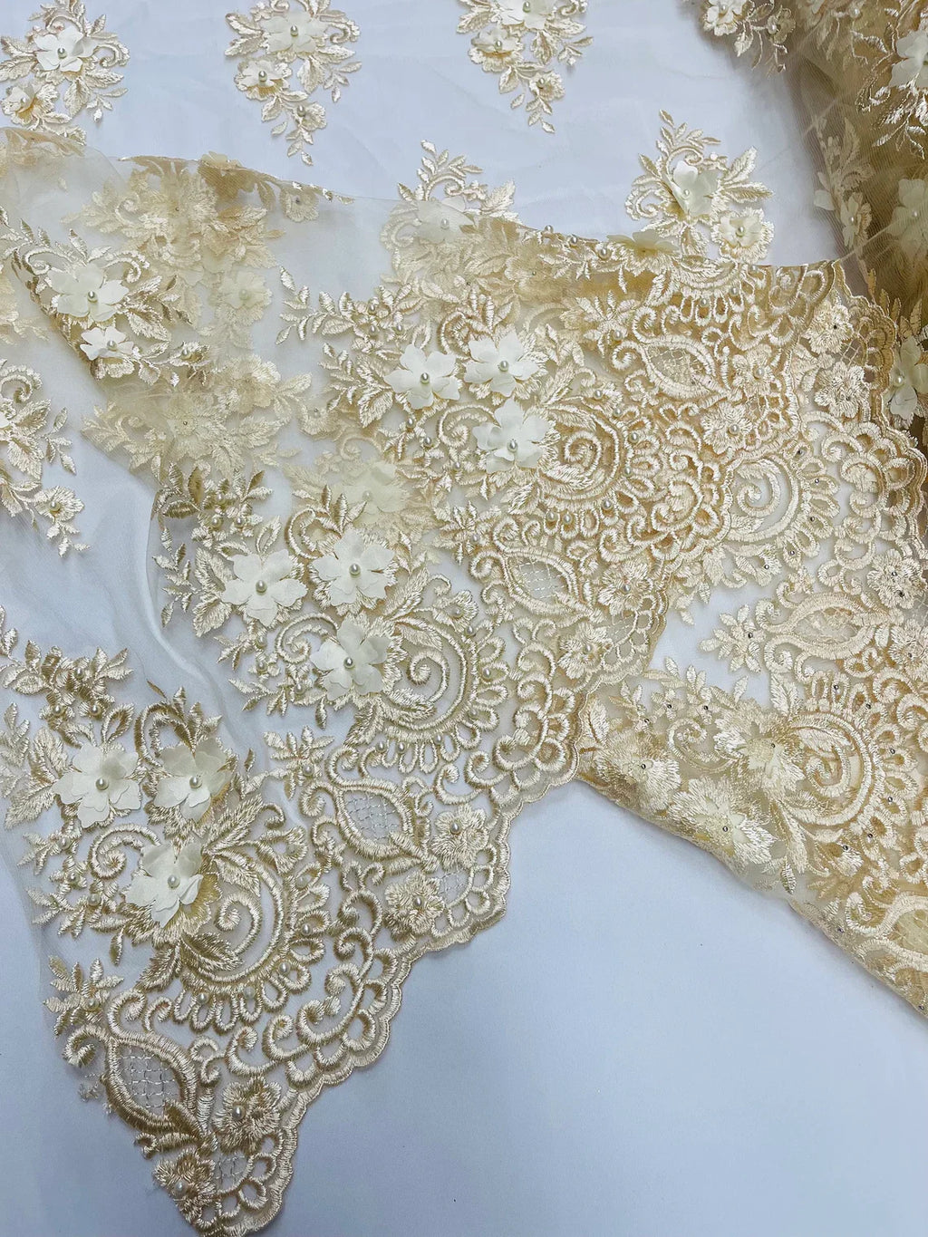 3D Fancy Floral Design Fabric - Champagne - 3D Flower Fabric with Small Beads on Lace Sold By Yard