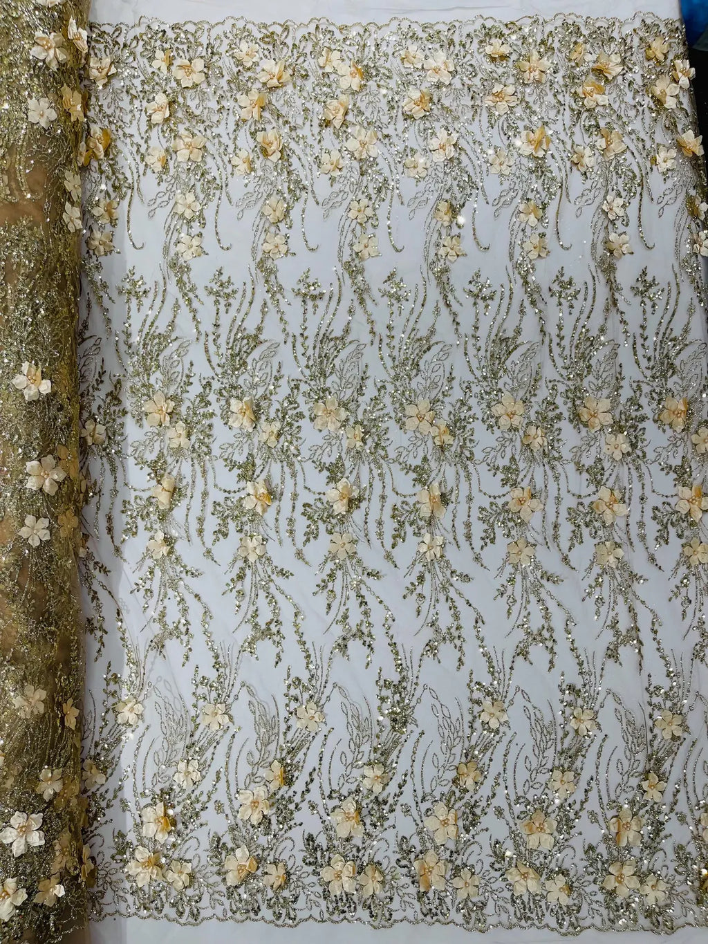 3D Glitter Floral Design Fabric - Champagne - Floral Line Design Embroidered Sequins Fabric by Yard