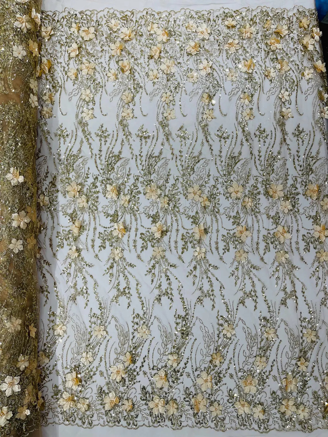3D Glitter Floral Design Fabric - Champagne - Floral Line Design Embroidered Sequins Fabric by Yard