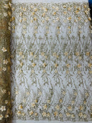 3D Glitter Floral Design Fabric - Champagne - Floral Line Design Embroidered Sequins Fabric by Yard
