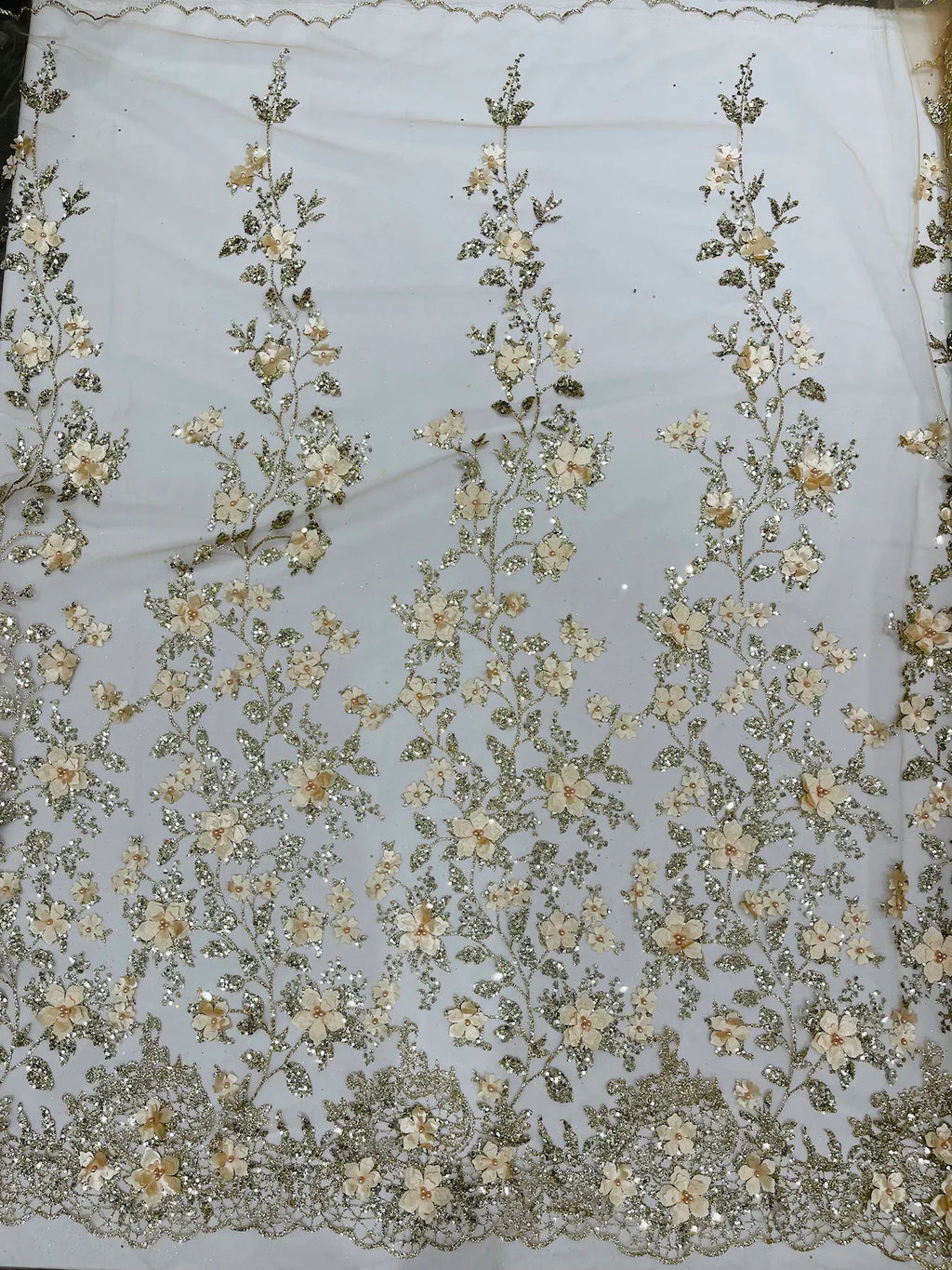 3D Flower Glitter Fabric - Champagne - Floral Glitter Sequin Design on Lace Mesh Fabric by Yard