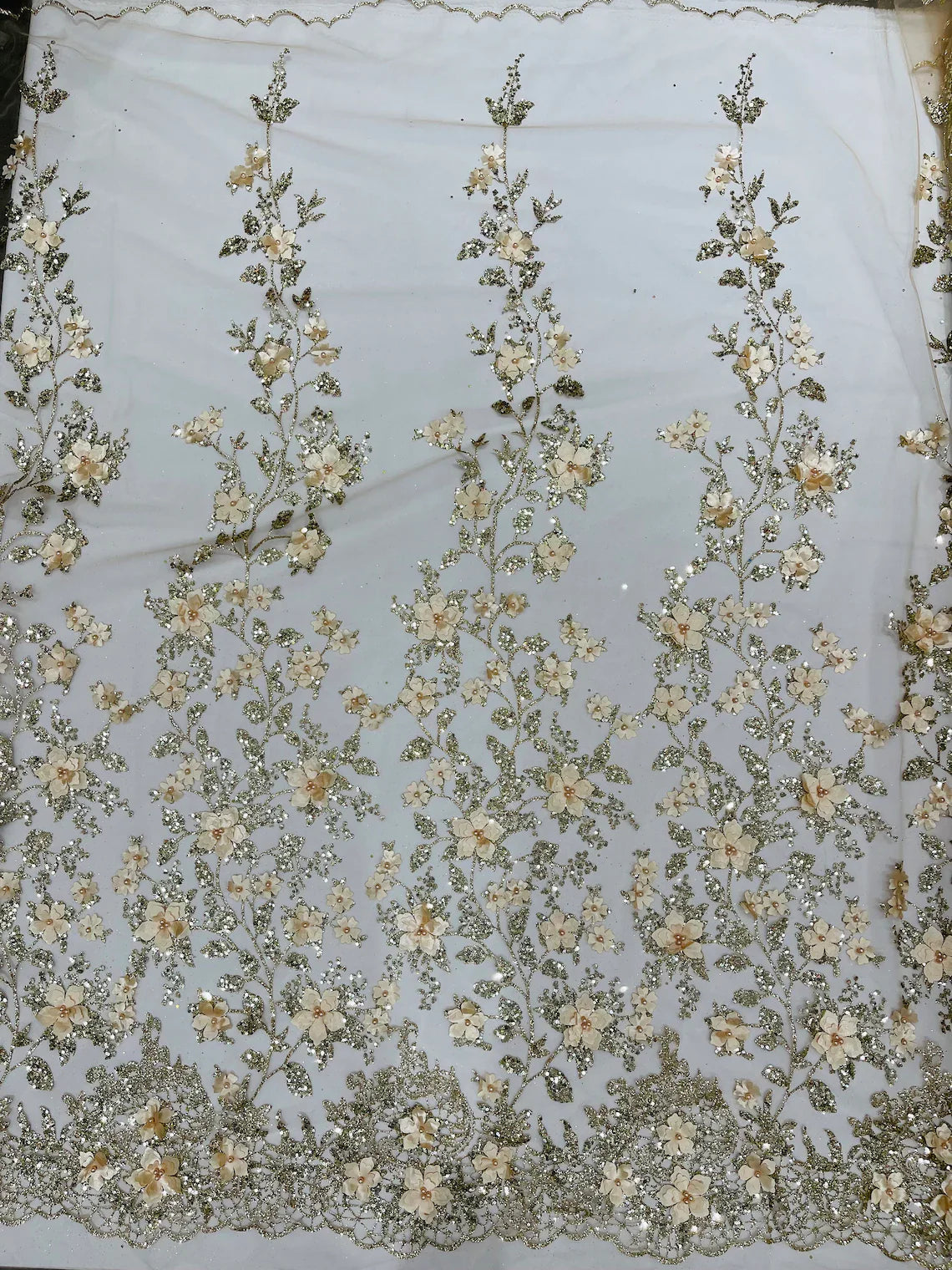 3D Flower Glitter Fabric - Champagne - Floral Glitter Sequin Design on Lace Mesh Fabric by Yard