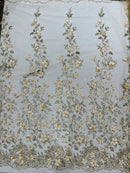 3D Flower Glitter Fabric - Champagne - Floral Glitter Sequin Design on Lace Mesh Fabric by Yard