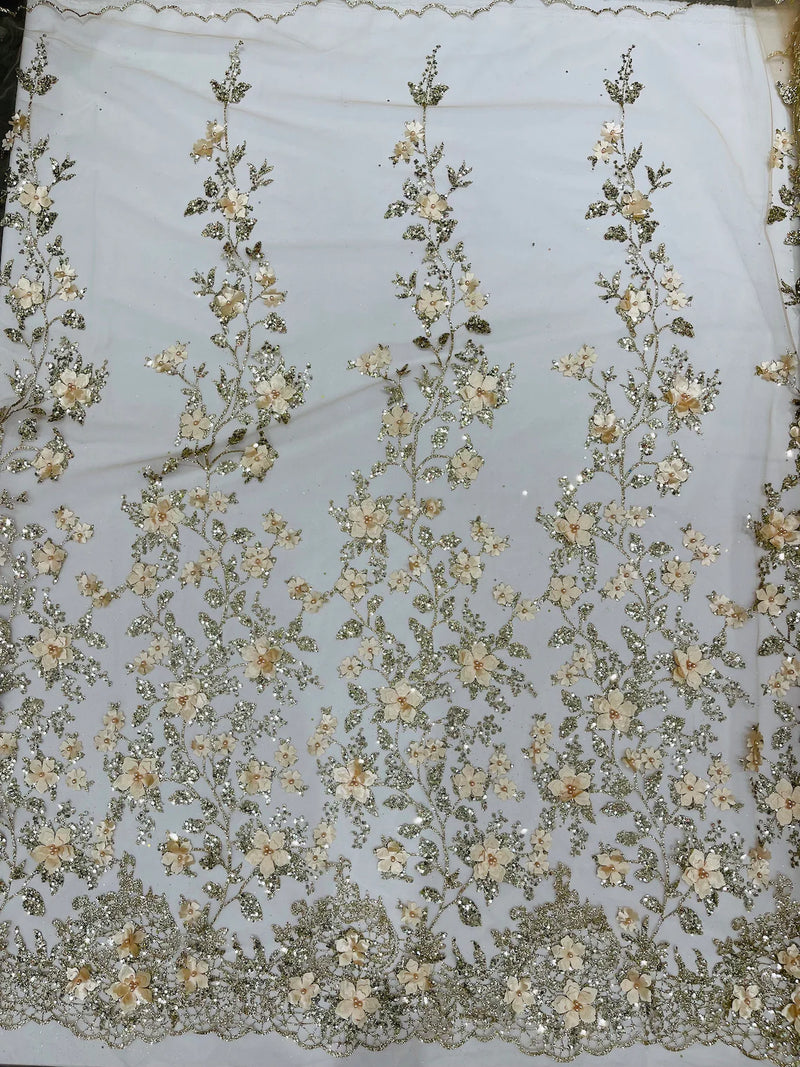3D Flower Glitter Fabric - Champagne - Floral Glitter Sequin Design on Lace Mesh Fabric by Yard