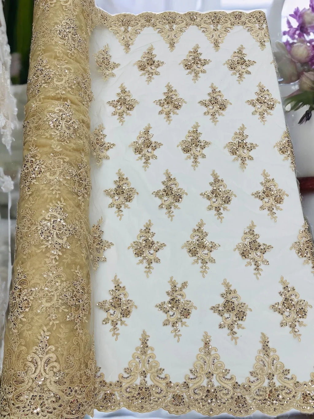 Beaded Floral Fabric - Champagne - Floral Cluster Design Fabric with Damask Border by Yard