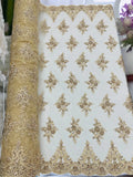Beaded Floral Fabric - Champagne - Floral Cluster Design Fabric with Damask Border by Yard