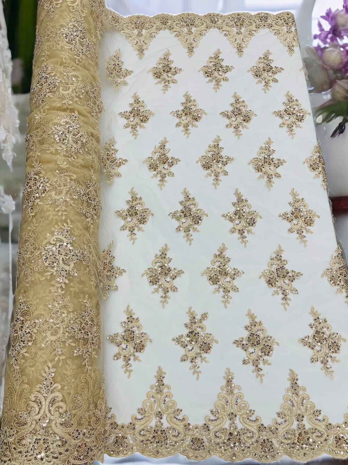 Beaded Floral Fabric - Champagne - Floral Cluster Design Fabric with Damask Border by Yard