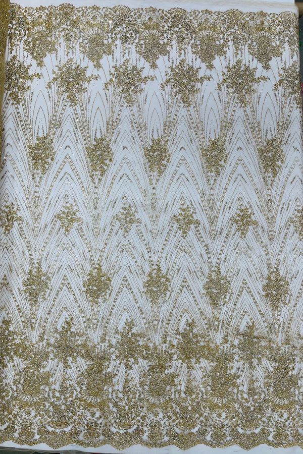 Damask Glitter Fabric - Champagne - Geometric Glitter Design Fabric on Mesh by Yard