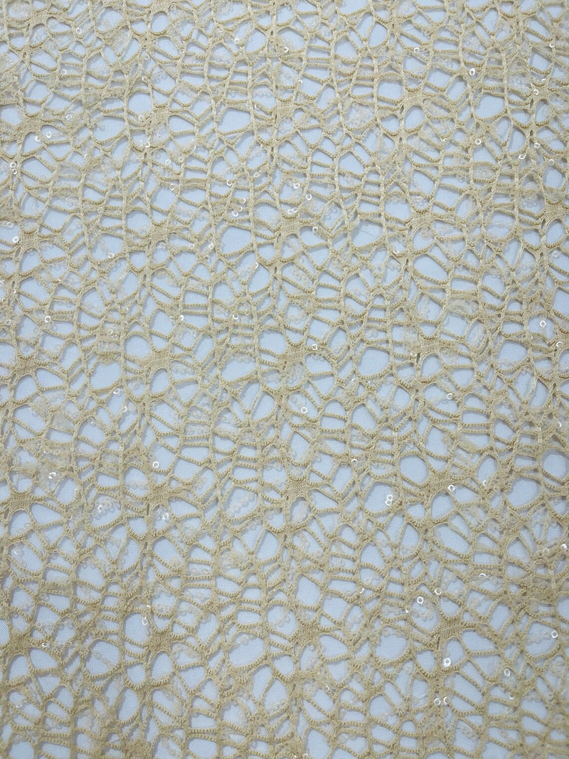 Cast Net Sequins Fabric - Champagne - Embroidery Fish Net Design Sequins Lace Fabric By Yard