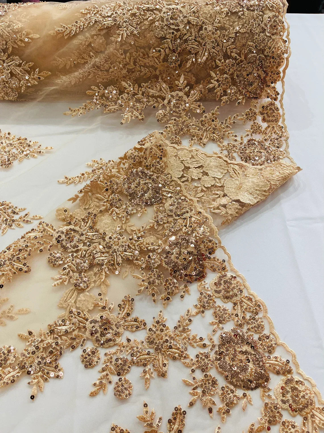 Beaded Rose Flower Fabric - Champagne - Embroidered Beaded Long Border Floral Fabric By Yard